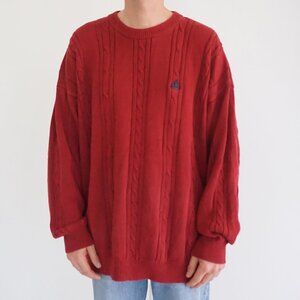 Vintage 80's Izod Maroon 3D Fisherman Cable 100% Cotton Knit Crewneck Sweater XL